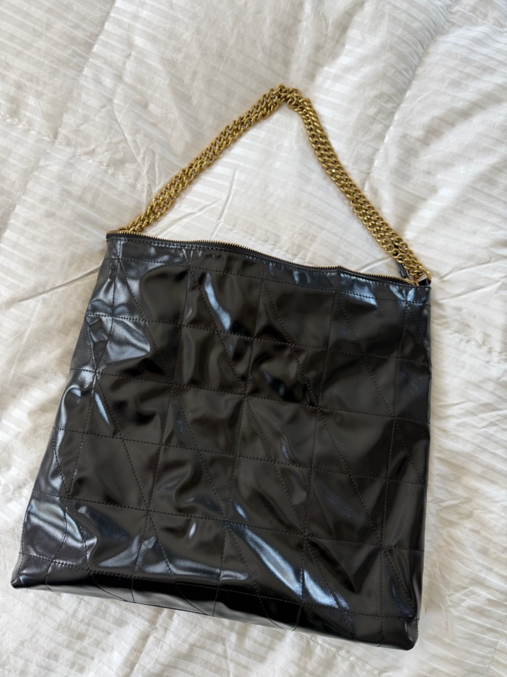 Zara Black Quilted Patent Shoulder Bag with Gold Chain Strap